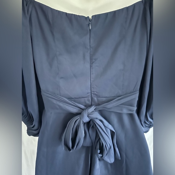 Here Comes the Sun Navy Satin Babydoll Empire Waist Poof Sleeve Mini Dress XS - Picture 6 of 14